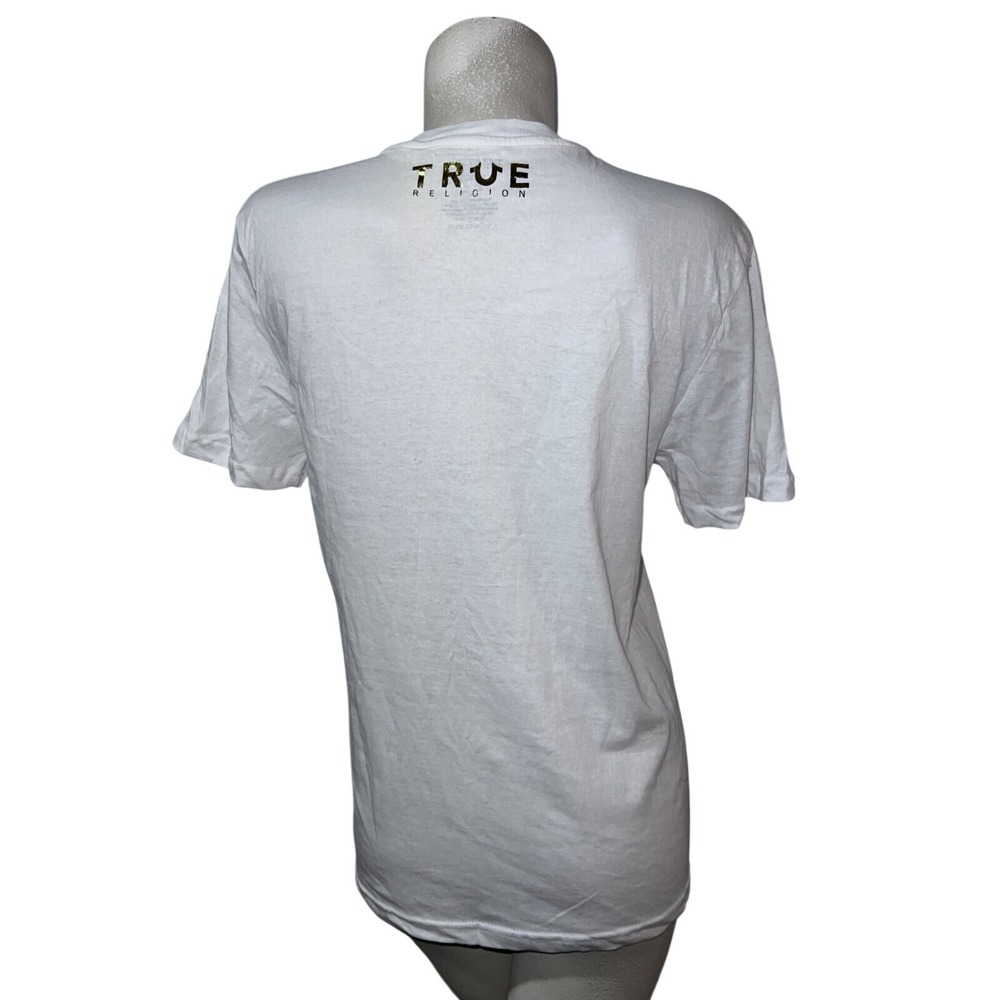 True Religion Mens Size M White Short Sleeve Gold Logo Graphic T-Shirt Casual
